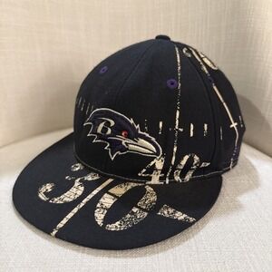 Vtg Baltimore Ravens Fitted 100% Wool Reebok Grid Iron All Over Print Hat Yd Lin